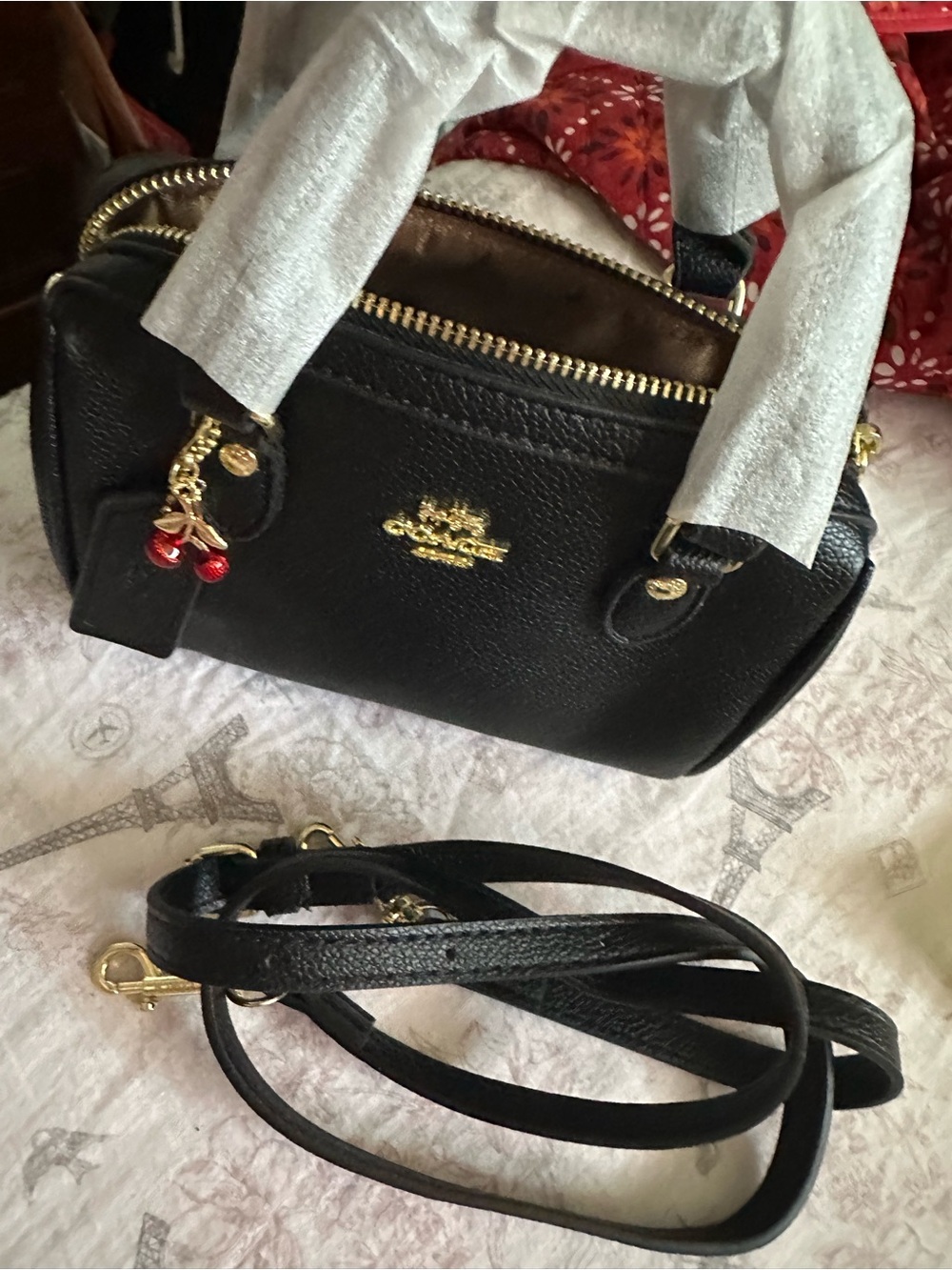 Coach Black Pebbled Mini Satchel with Gold Hardware and Red Charm